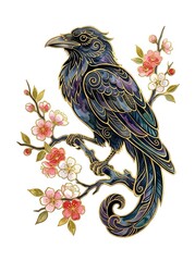 Naklejka premium Ornate raven with gold filigree detailing perched on flowering branch, isolated on white background. Decorative bird artwork suitable for apparel, stickers, and design projects.