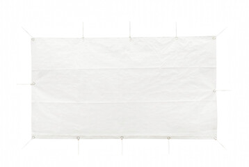 White rectangular vinyl banner with eyelets and ropes