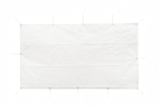 White rectangular vinyl banner with eyelets and ropes