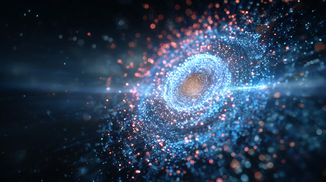 Abstract glowing particle vortex visualizing artificial intelligence, quantum computing, cybersecurity, big data processing and advanced digital technology innovation
