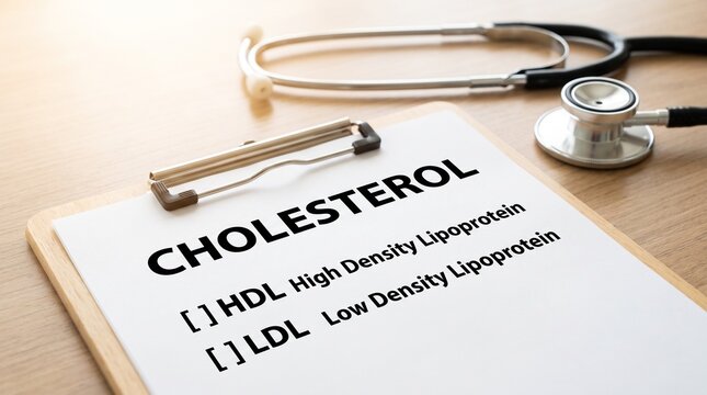 Medical clipboard with cholesterol test options and stethoscope on wooden table