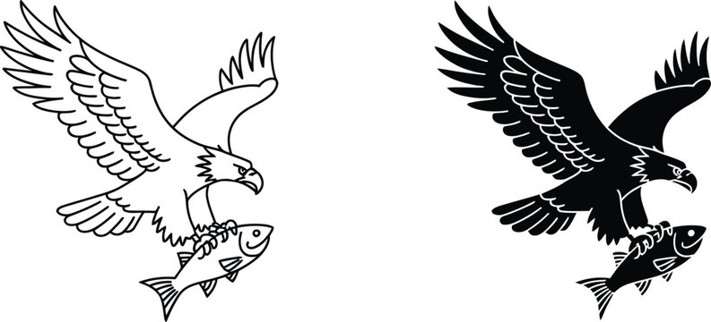 Eagle bird hunting fish silhouette and vector illustration