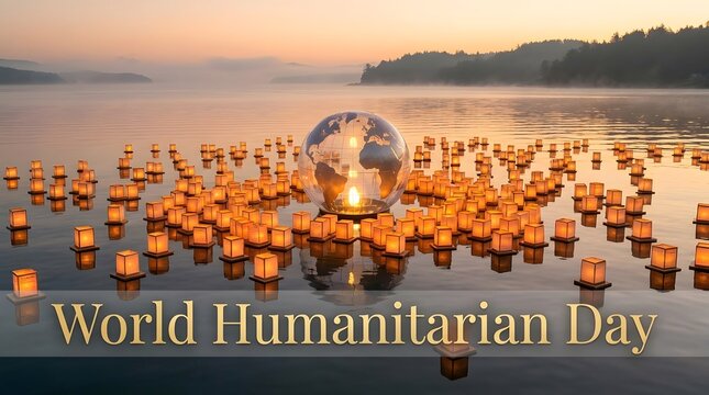 World humanitarian day reflection glowing lanterns surround a glowing earth