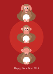 Fototapeta premium Three wise monkeys poster illustration for Lunar New Year 2028. Happy Chinese New Year of the Monkey vertical greetings card.