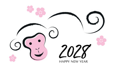 Zodiac monkey for New Year 2028 brush drawn vector. Happy Lunar New Year of the Monkey greetings card template with ink drawing. © Alix