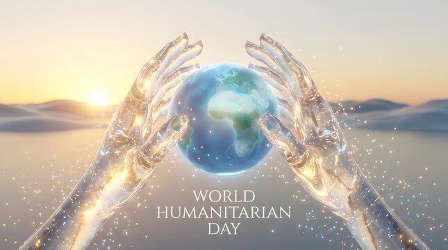 World humanitarian day concept hands holding earth globe at sunset