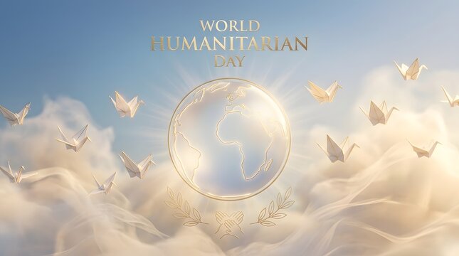 World humanitarian day concept golden globe and origami birds in clouds