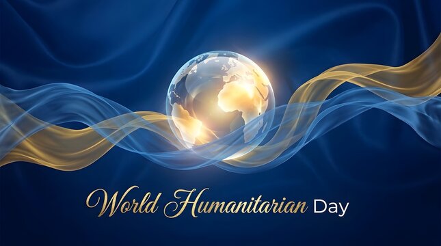 World humanitarian day concept with glowing globe and flowing ribbons