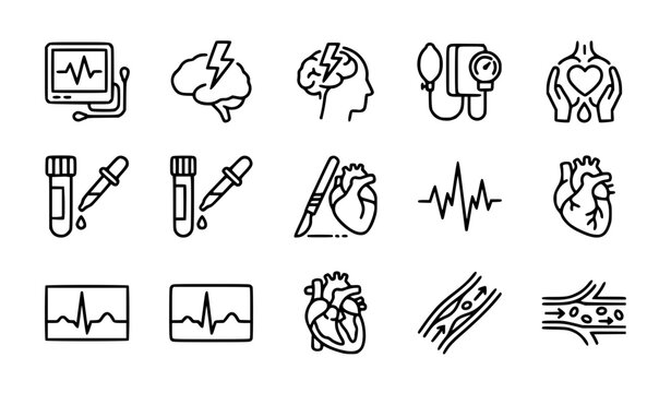 Cardiology and Neurology Line Icon Set Featuring Heart Attack, Stroke, Blood Pressure, Brain Pain, ECG Wave, and Cardiovascular Medical Care Symbols