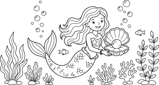 Charming mermaid holding pearl in shell black and white line art illustration