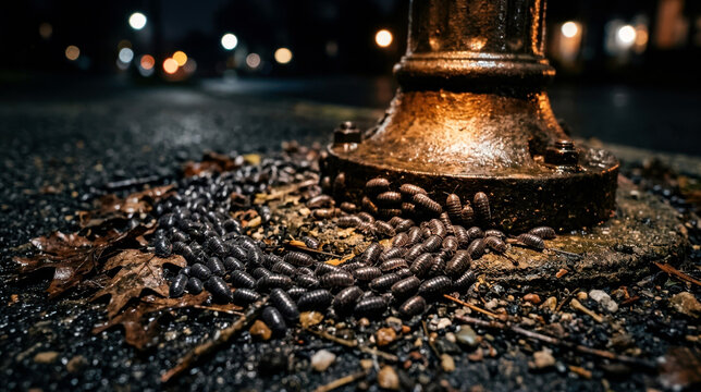 Pill bugs clustering around glowing streetlight on damp pavement with leaf litter and pebbles