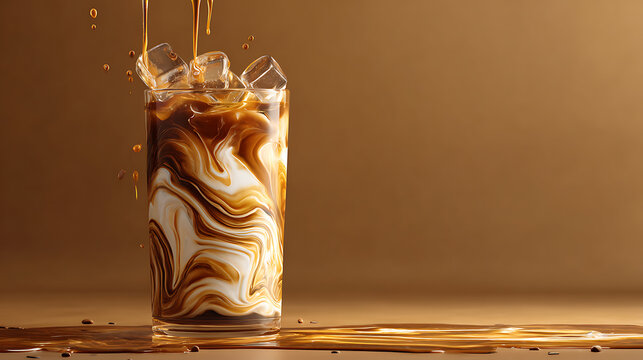 Modern iced coffee with creamy marble swirl and crystal clear ice cubes in a glass, captured with elegant copy space, representing premium caf&eacute; drinks, refreshment, and daily energy