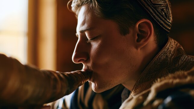 Close-up of a man with a kippah blowing a shofar during a traditional observance