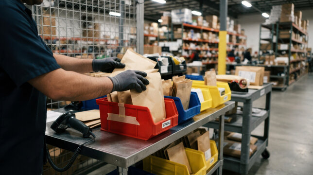 Micro fulfillment station with gloved hands sorting shipping pouches, handheld scanner, color coded bins, and rolling cart in an online retail warehouse.