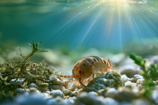 Close-up of a tiny freshwater crustacean in a clear river habitat with algae and stones