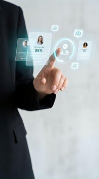 Businessman in dark suit touching holographic rating interface displaying 4.9 stars and 98% trust score with user profiles for app development, customer feedback, and digital services.