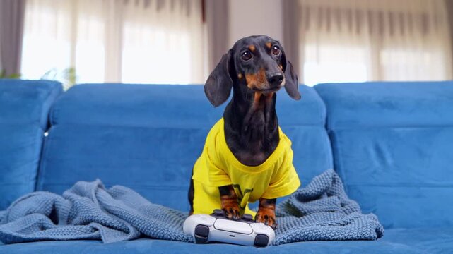 A black and tan dachshund in a bright yellow shirt stands over a white game controller pressing it eagerly on a knitted blanket at home, a playful concept of gaming obsession and screen time balance