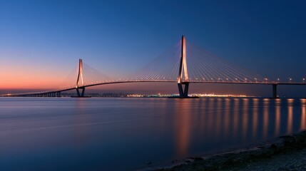 Obraz premium Golden Hour to Nightfall: Incheon Bridge Over a Luminous Harbor