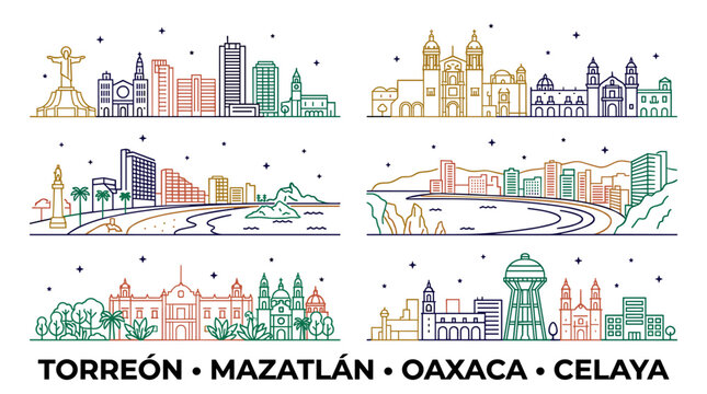 Colorful Mexican City Skyline Line Art Set Featuring Torreon Mazatlan Oaxaca and Celaya Vector Illustration