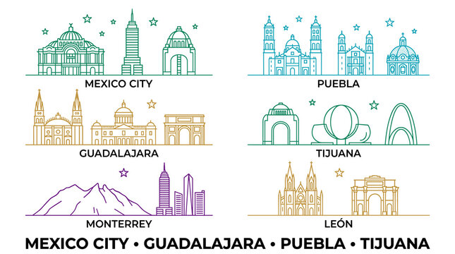 Pastel Mexican Landmark Skyline Line Art Set Featuring Mexico City, Guadalajara, Puebla, Tijuana, Monterrey and Le&oacute;n Vector Illustrations