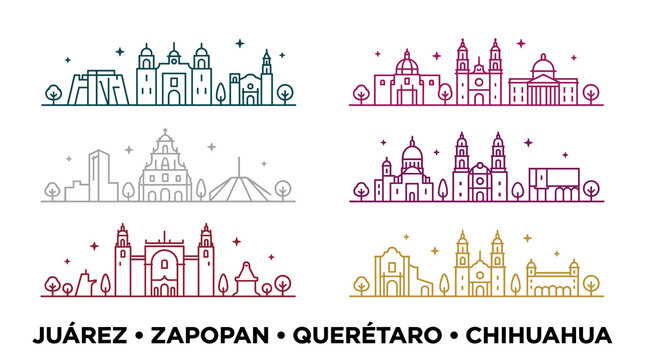 Colorful Mexican City Skyline Line Art Icons Set Featuring Juarez Zapopan Queretaro and Chihuahua Vector Illustration