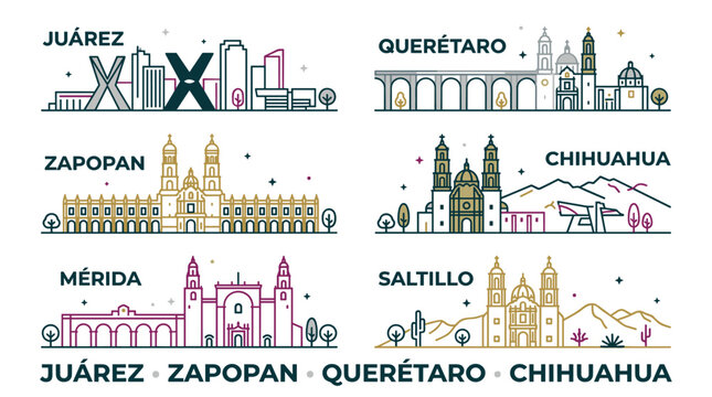 Pastel Mexican Landmark Skyline Line Art Set Featuring Ju&aacute;rez, Zapopan, Quer&eacute;taro, Chihuahua, M&eacute;rida and Saltillo Vector Illustrations