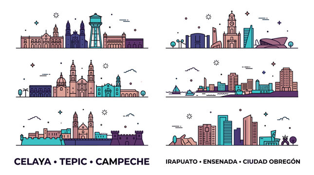Colorful Mexican City Skyline Line Art Set Featuring Celaya, Tepic, Campeche, Irapuato, Ensenada and Ciudad Obreg&oacute;n Vector Illustrations