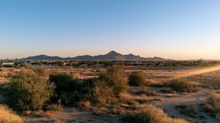 Naklejka premium Desert landscape of Glendale, Arizona at golden hour with desert foreground and distant mountains