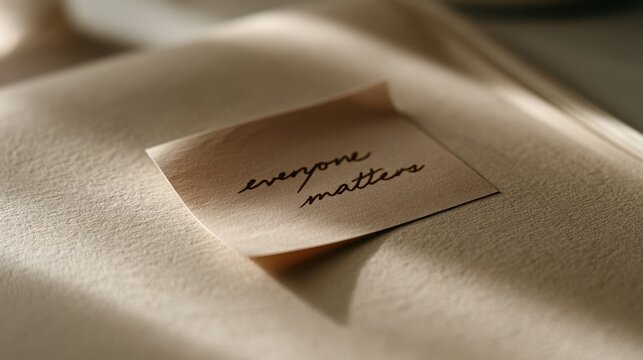 Close-up of a textured paper background with a handwritten note that says everyone matters