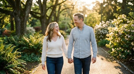Fototapeta premium Mature couple holding hands while walking together on a tree-lined path during golden hour, enjoying outdoor leisure time and quality time together in nature.