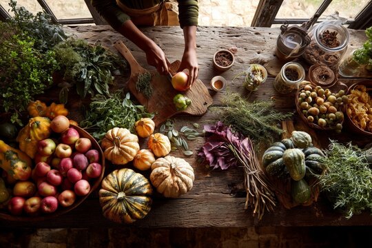 Autumn Harvest: Hands Preparing Fresh Produce on Rustic Table