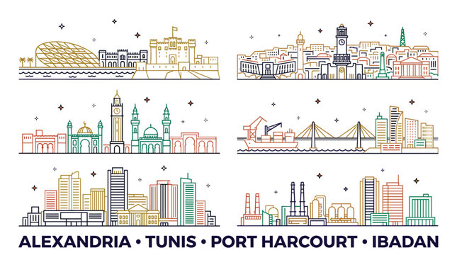 Pastel African City Landmark Skyline Line Art Set Featuring Alexandria, Tunis, Port Harcourt and Ibadan Vector Illustrations