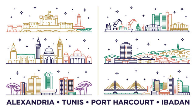 Pastel African Landmark Skyline Line Art Set Featuring Alexandria, Tunis, Port Harcourt and Ibadan Vector Illustrations