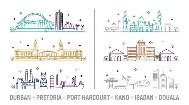 Pastel Gradient African City Skyline Line Art Icon Set Featuring Durban Pretoria Port Harcourt Kano Ibadan and Douala Vector Illustration