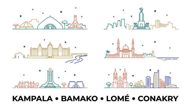 Pastel African City Skyline Line Art Set Featuring Kampala, Bamako, Lom&eacute; and Conakry Landmark Vector Illustrations