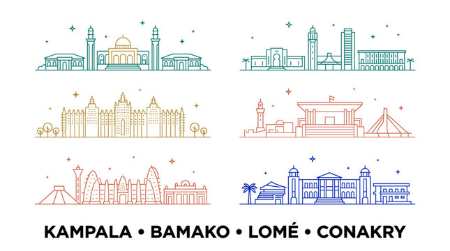 Pastel Gradient African Capital City Skyline Line Art Icon Set Featuring Kampala Bamako Lom&eacute; and Conakry Landmark Collection Vector Illustration