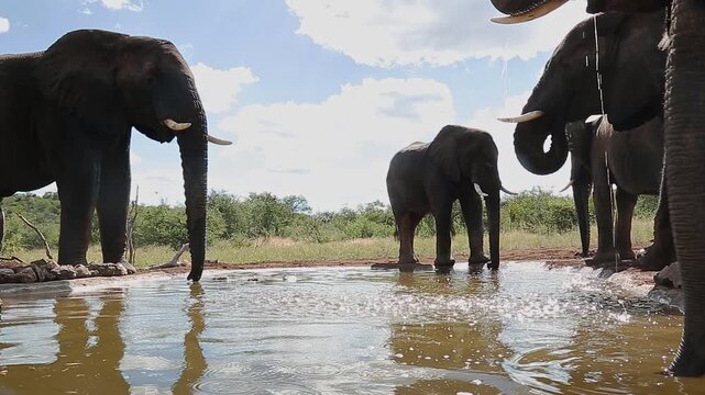 Small group of African bush elephant drinking and splashing water in backlit in Greater Kruger National park, South Africa ; Specie Loxodonta africana family of Elephantidae