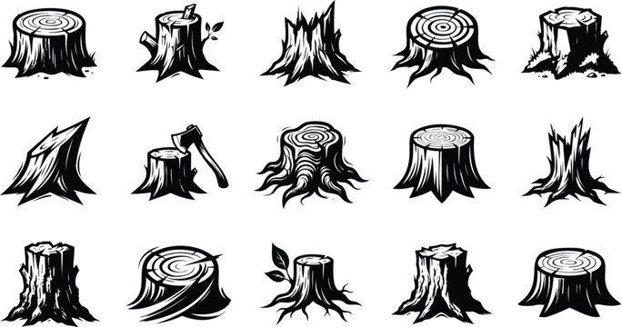 Set of tree stumps and logs in black and white style