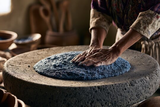 Cultural cooking moment: masa dough on a metate, forming tortillas in a rural kitchen