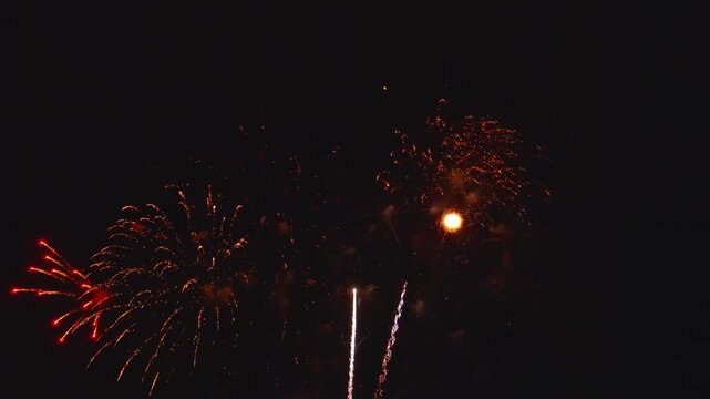Bright fireworks burst in the dark sky during a city festival in summer. People gather to watch the colorful displays. This event brings joy and celebration to the community.