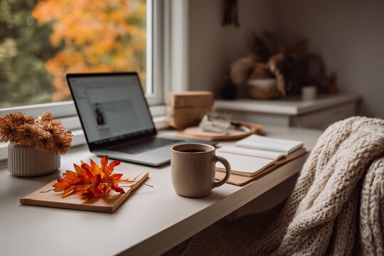 Cozy Autumn Desk Setup with Laptop, Coffee, and Fall Leaves
