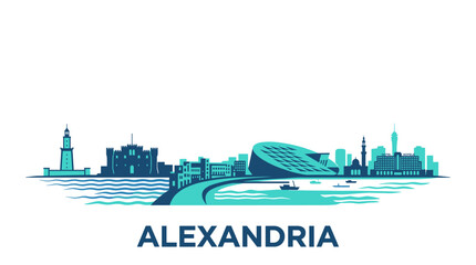 Naklejka premium Turquoise and Navy Linear Alexandria Egypt Skyline with Bibliotheca Alexandrina Waterfront Panorama Vector Illustration