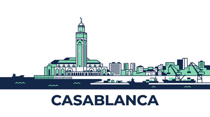 Naklejka premium Mint Green and Navy Linear Casablanca Morocco Skyline Featuring Hassan II Mosque Waterfront Vector Illustration