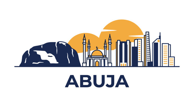 Golden Orange and Navy Flat Abuja Nigeria Skyline with Zuma Rock National Mosque and Modern Cityscape Vector Illustration