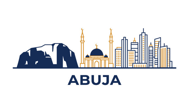 Golden Yellow and Navy Minimal Abuja Nigeria Skyline with Zuma Rock and National Mosque Vector Illustration