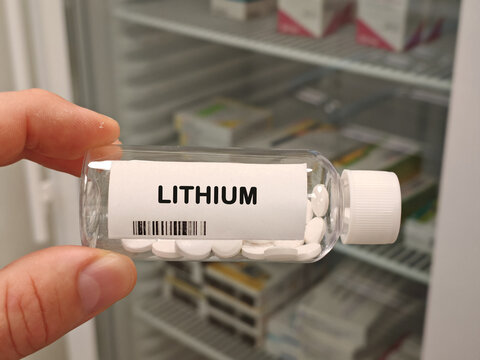 LITHIUM mood stabilizer for bipolar disorder and mania bottle with tablets in pharmacy