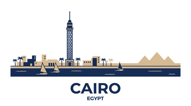 Beige and Navy Cairo Egypt Skyline Line Art Featuring Cairo Tower, Nile River and Pyramids Vector Illustration