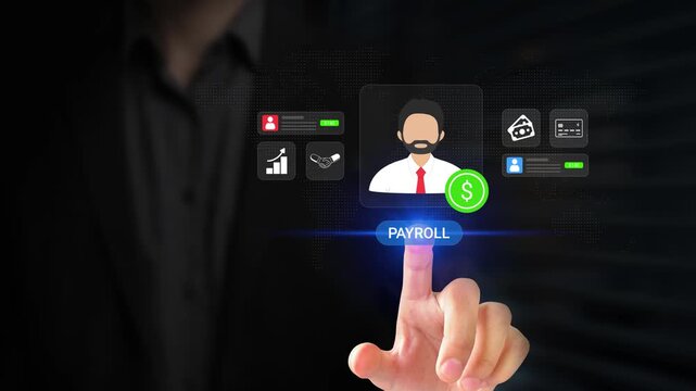 Payroll Management, Financial Processing System. Businessman Operating Employee Payroll Cycle on Virtual Screen. Salary Calculation, Digital Payment, Tax Payment, Fintech, Efficient Payroll. 4K Video