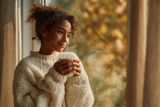 Cozy Autumn Morning: Woman with Warm Drink by Window