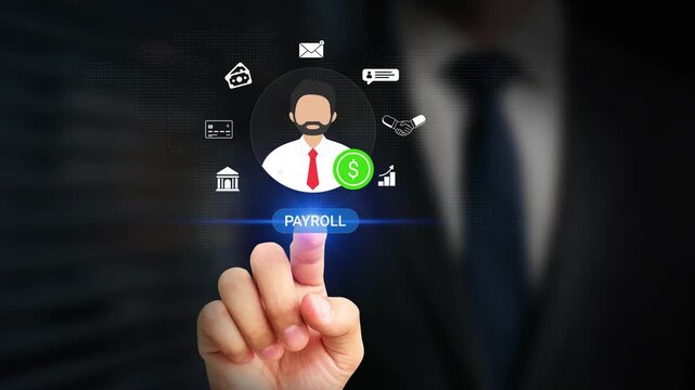 Payroll Management, Financial Processing System. Businessman Operating Employee Payroll Cycle on Virtual Screen. Salary Calculation, Digital Payment, Tax Payment, Fintech, Efficient Payroll. 4K Video